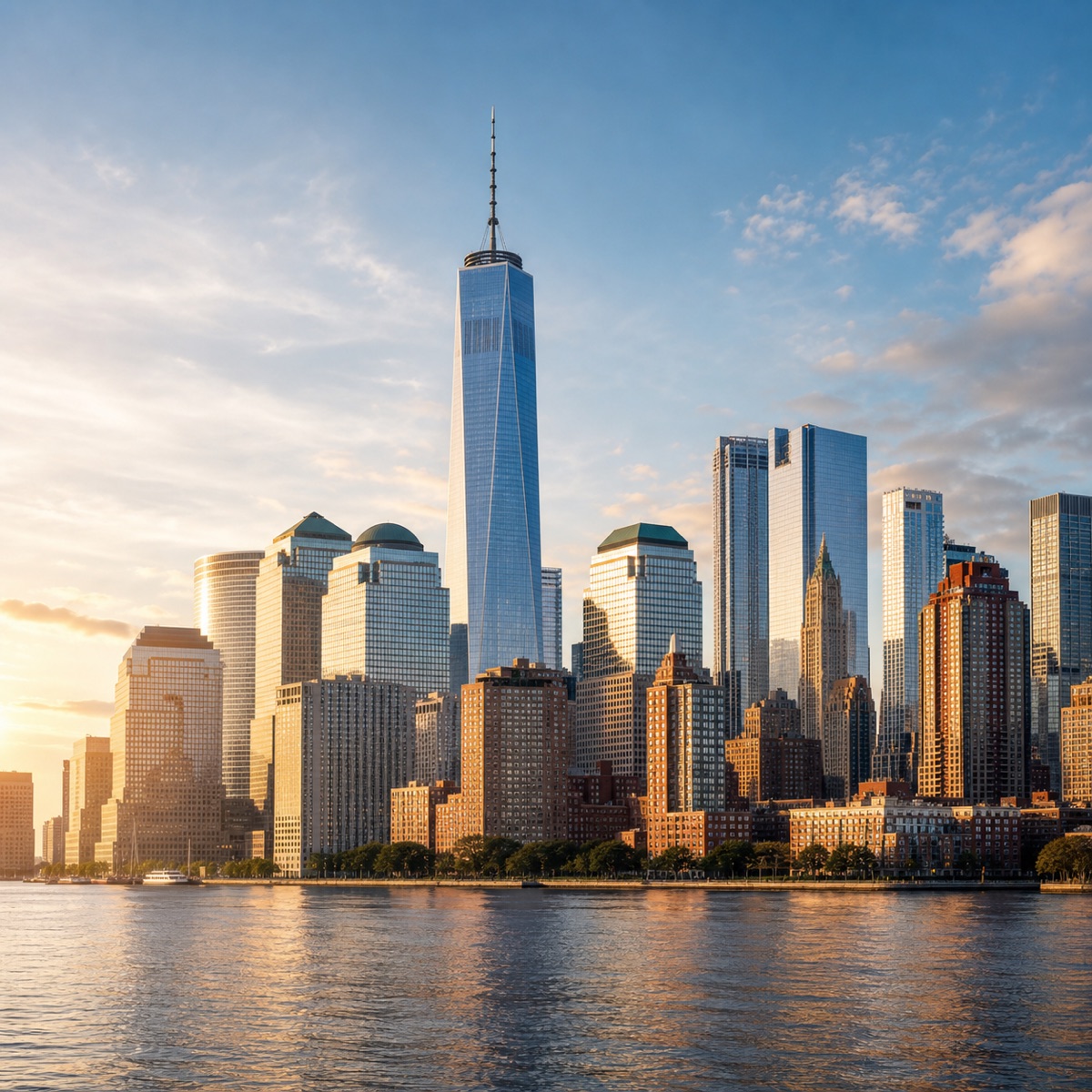 Lower Manhattan skyline with One World Trade Center at golden hour