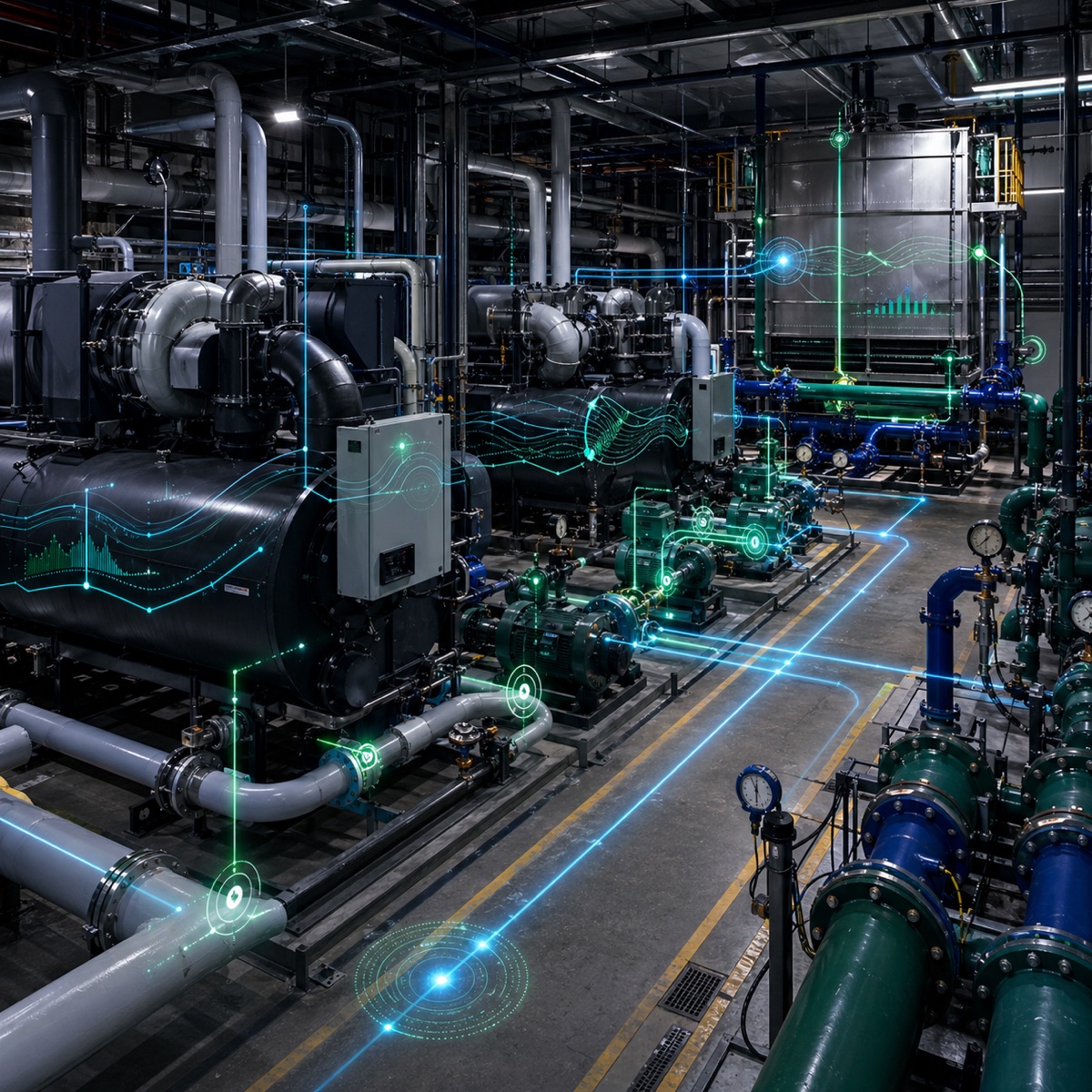 Chiller plant optimization coordinating chillers, pumps, towers, and hydronic loops